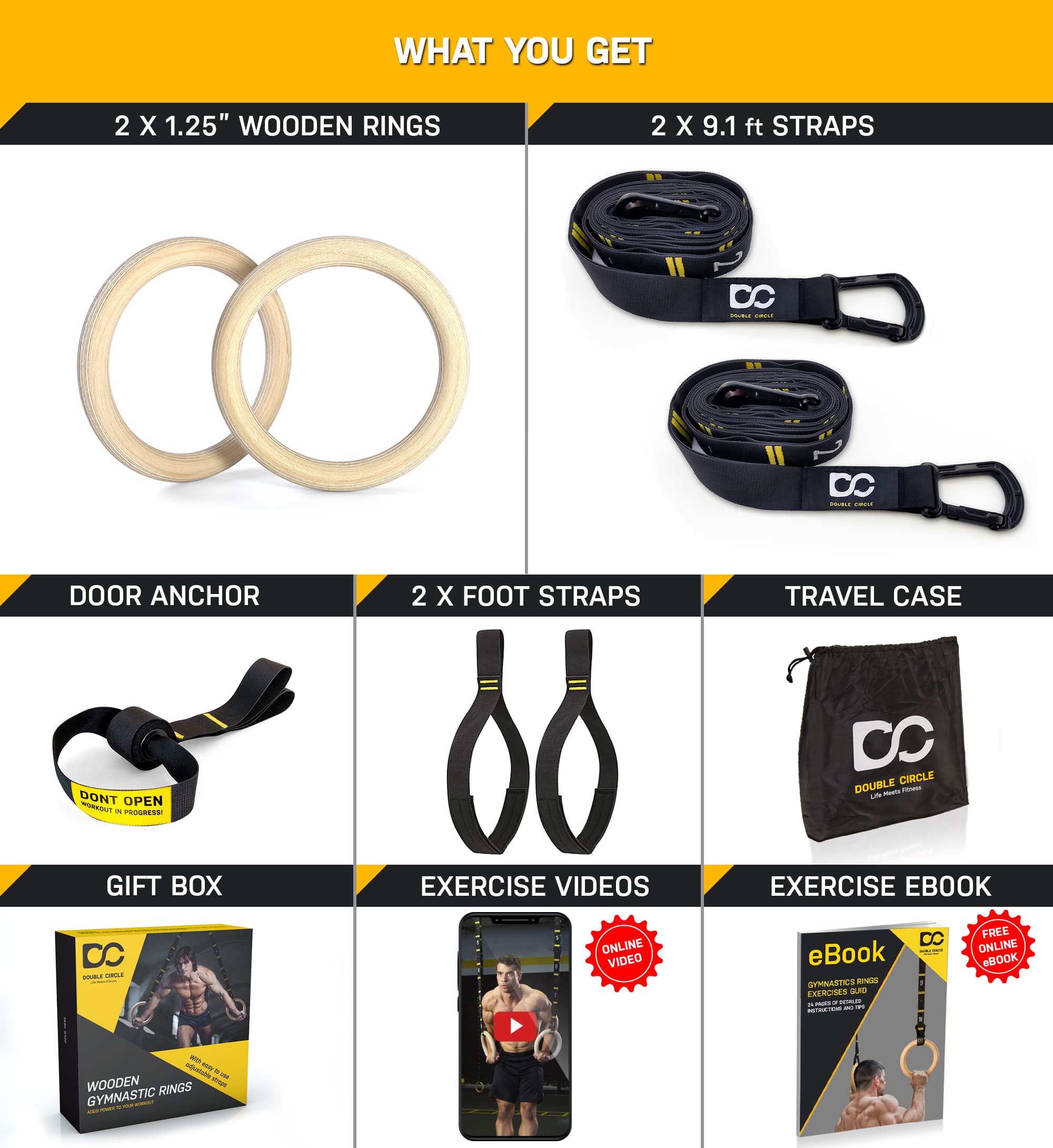 Gymnastic Rings And Straps  With Door Anchor and Leg Straps