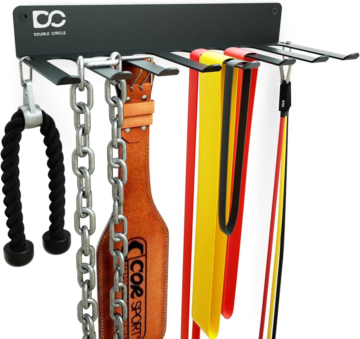 Gym Rack Organizer – 8 Hooks holding a tricep rope, chains, a lifting belt and resistance bands