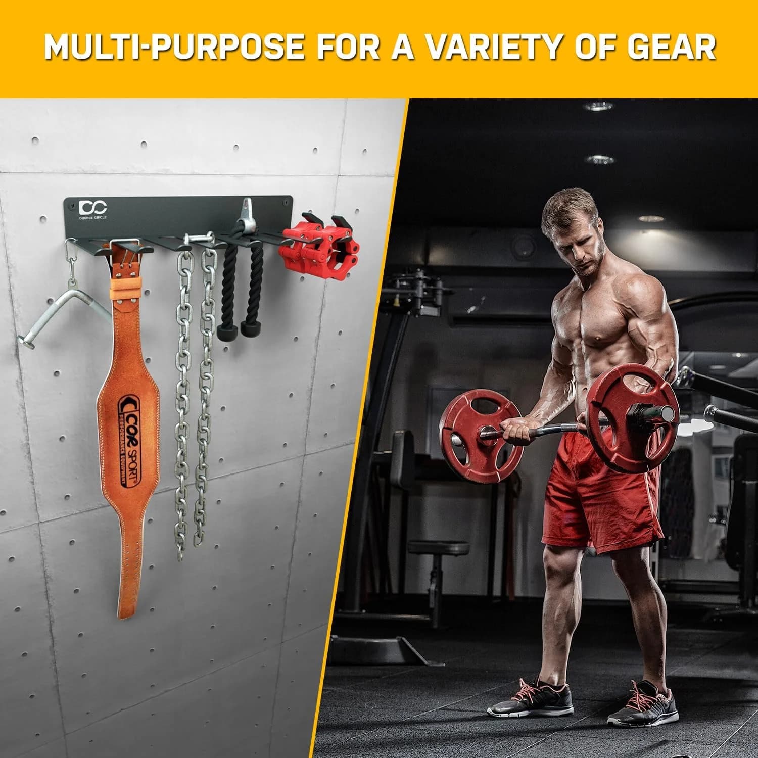 8-hook rack on a concrete wall with a belt, chains and a rope, next to a man doing curls