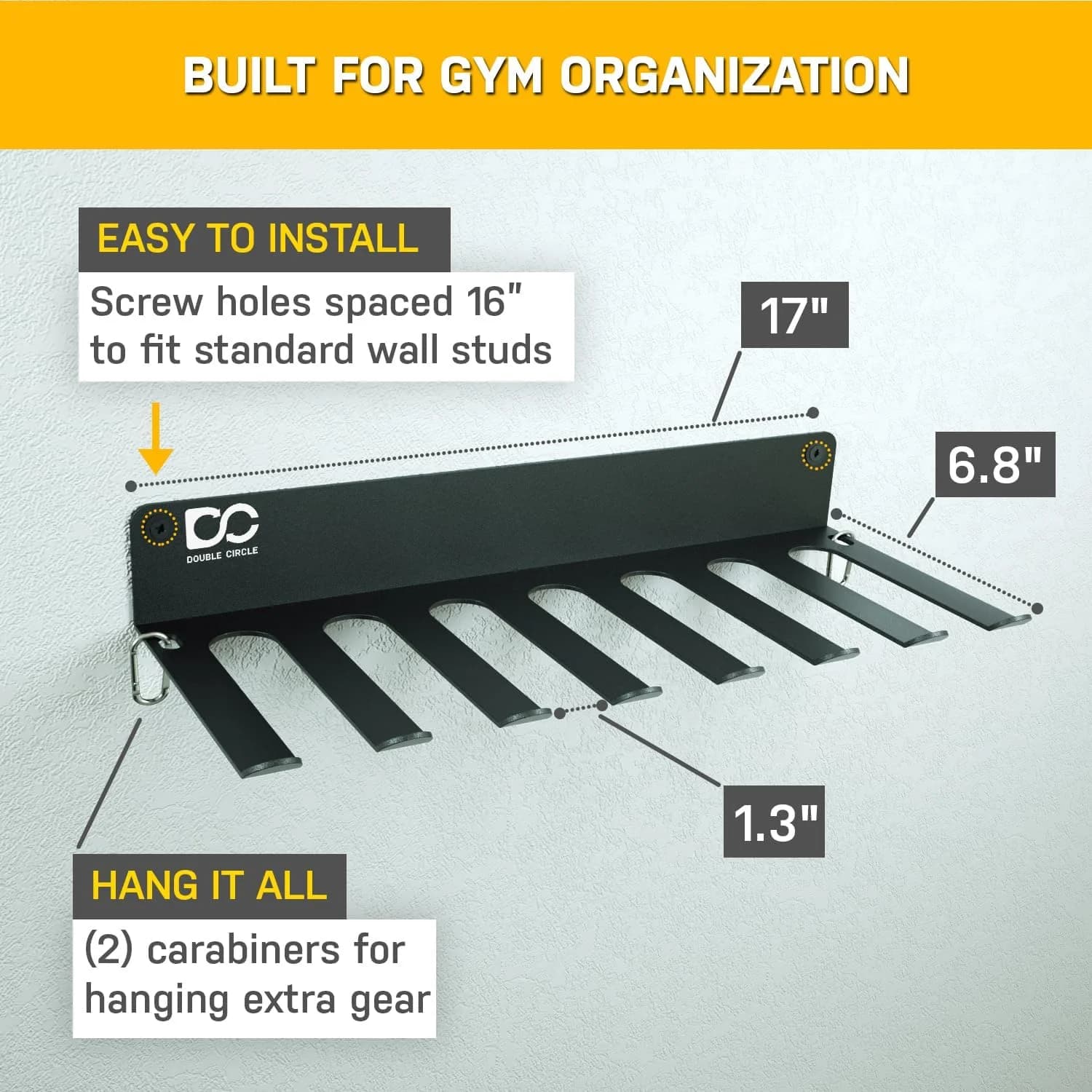 Spec graphic: 8-hook rack 17 in wide, 6.8 in hooks, 1.3 in gaps, screw holes 16 in apart, 2 carabiners