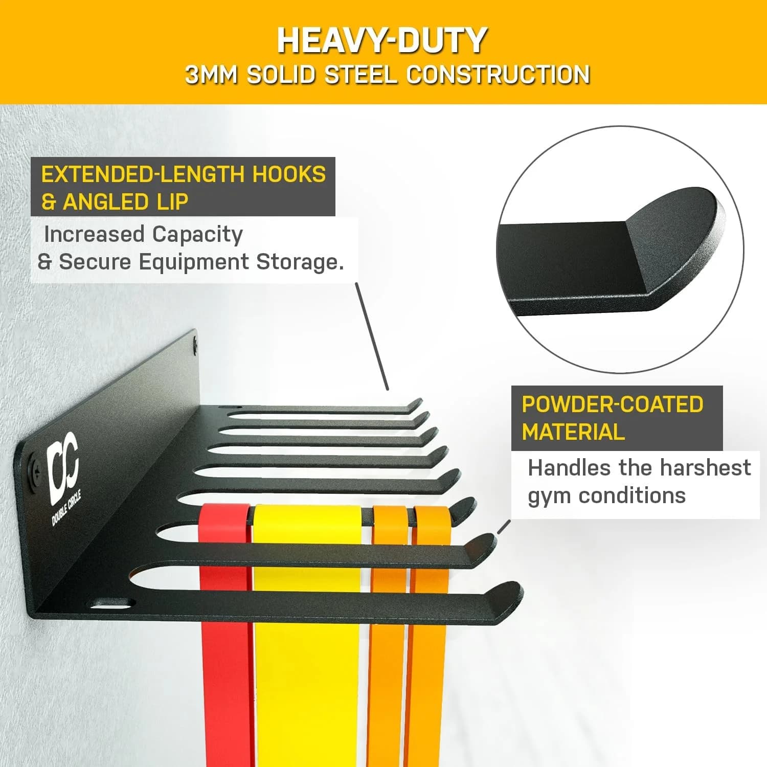 Close-up of the 8-hook rack long hooks with angled lip, powder-coated 3 mm steel, holding bands
