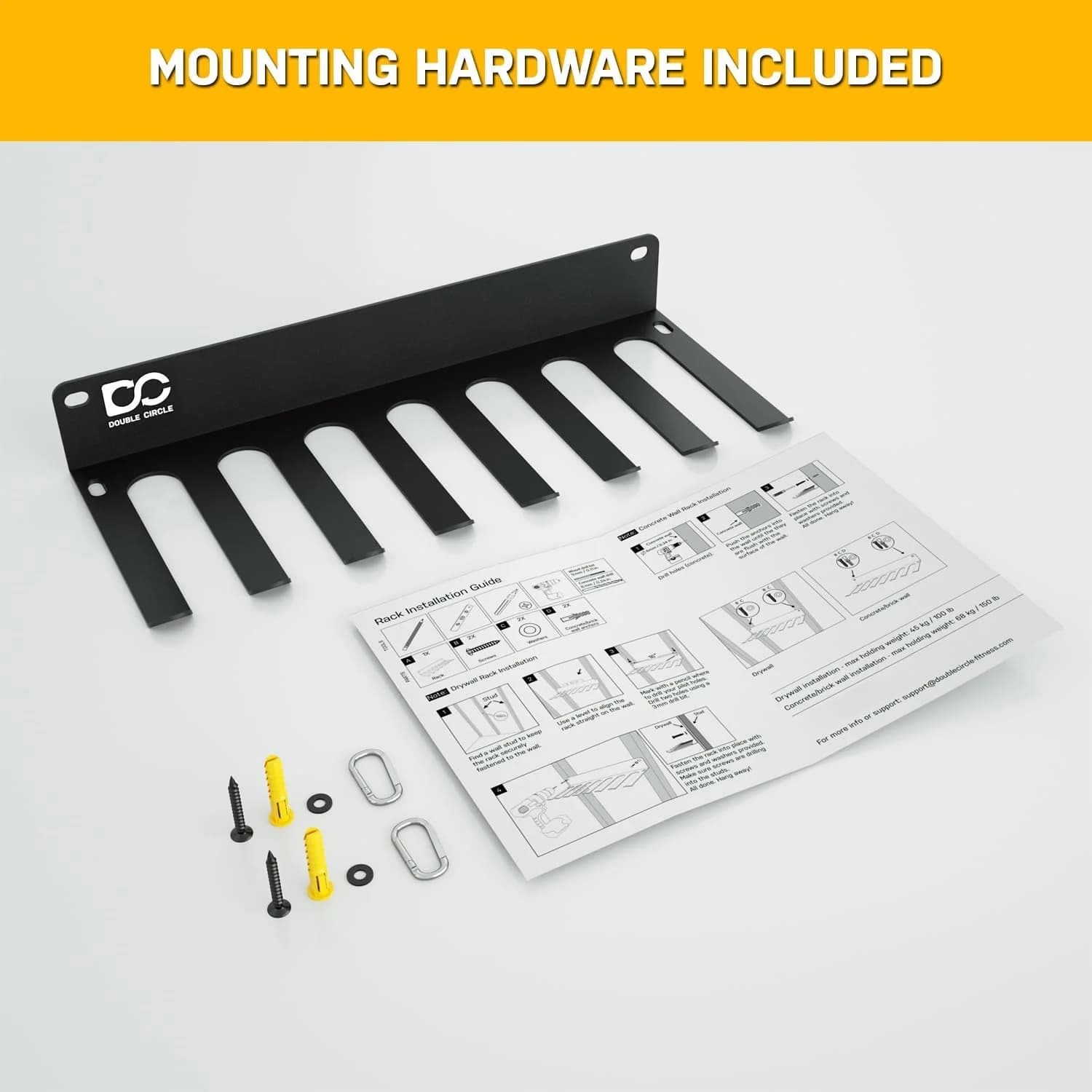 8-hook rack with 2 screws, 2 anchors, 2 washers, 2 carabiners and the installation guide