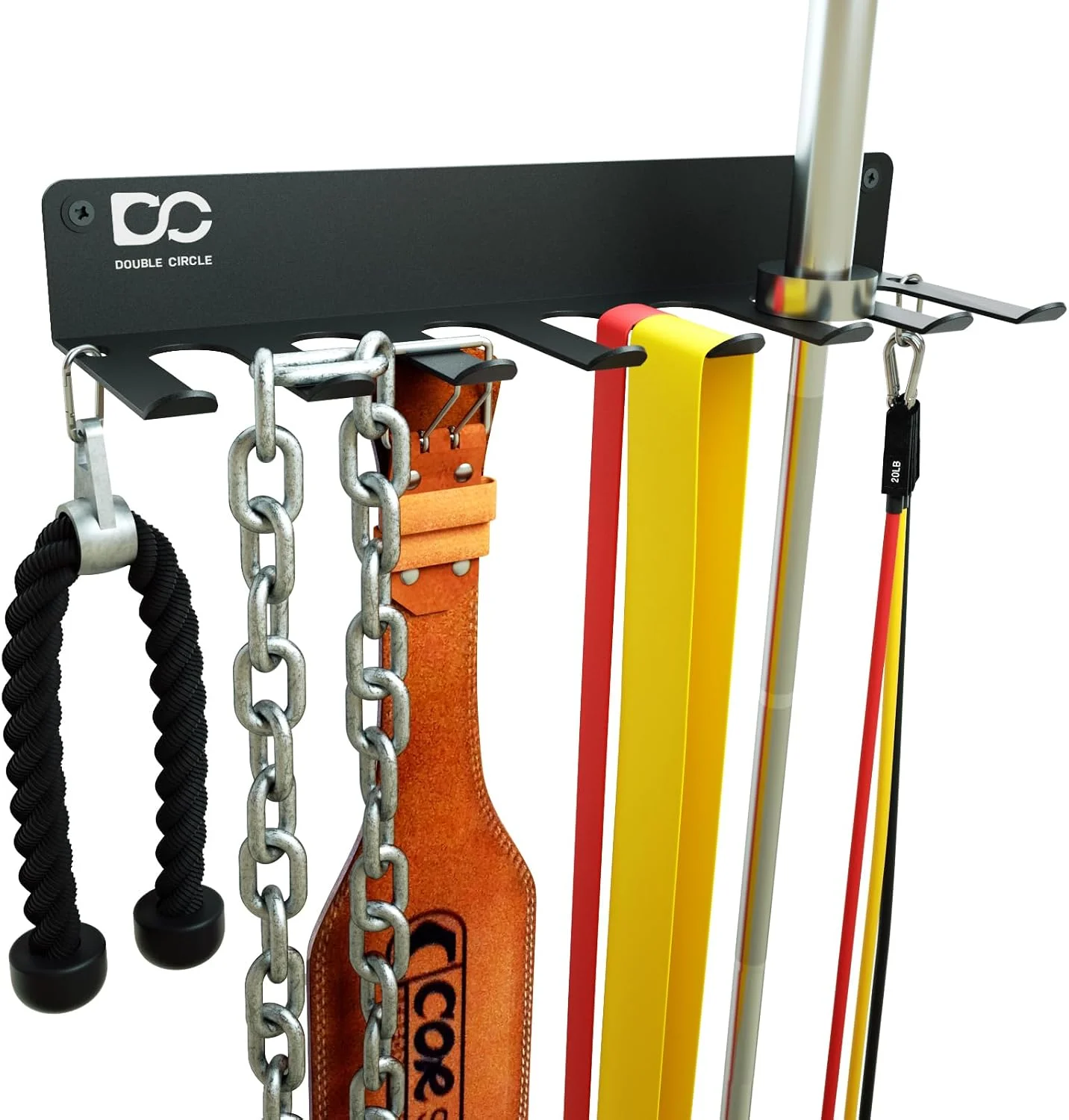 Gym Rack Organizer – 8 Hooks with a barbell hanging upright beside chains, a belt and bands
