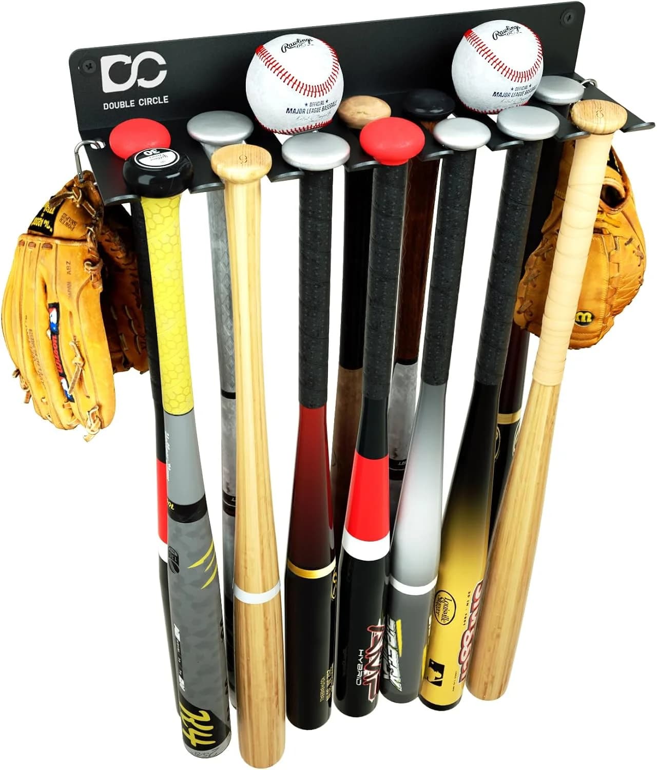 Black steel Bat Rack full of baseball and softball bats, with 2 baseballs and 2 gloves